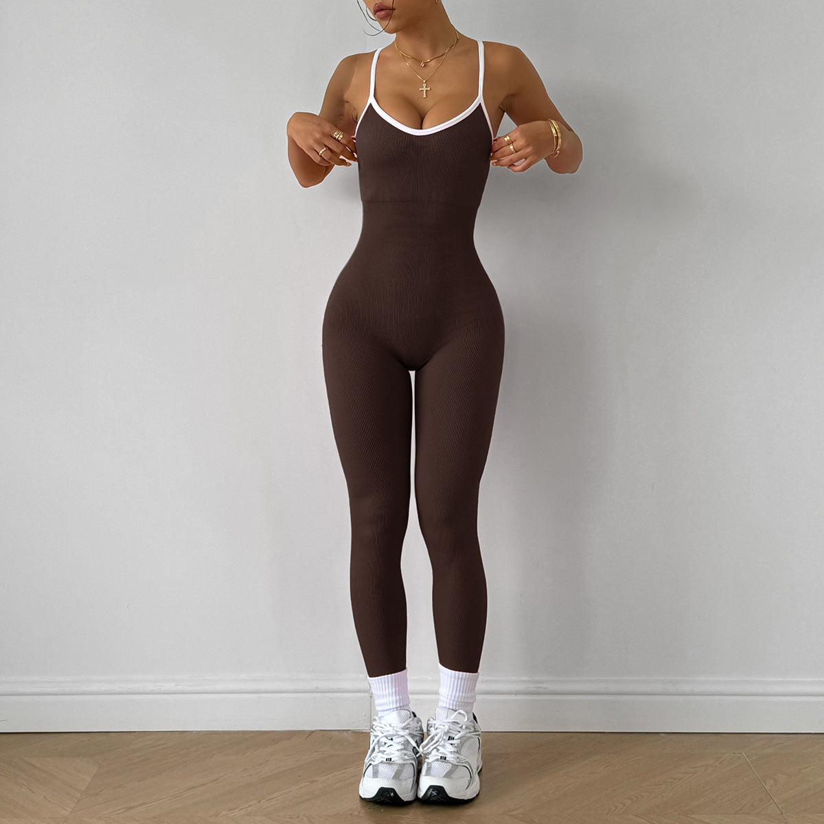 Women Fashion Color Contrast Sleeveless Jumpsuits