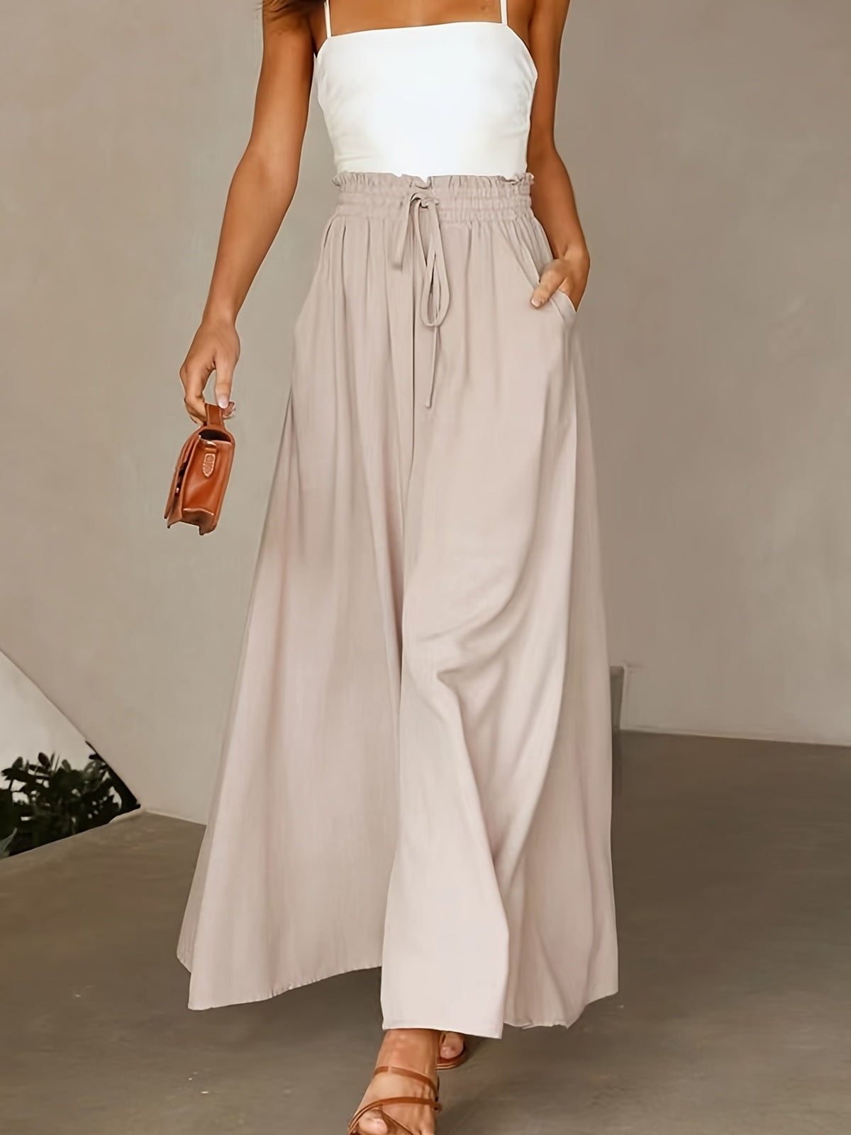Women Fashion Casual Loose Solid Color Drawstring Pants