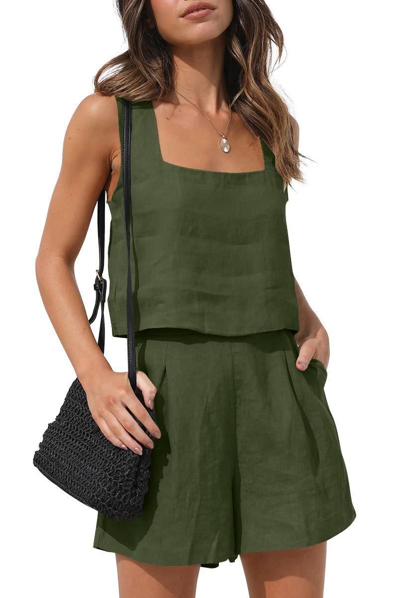 Women Casual Solid Color Linen Two-Piece Set