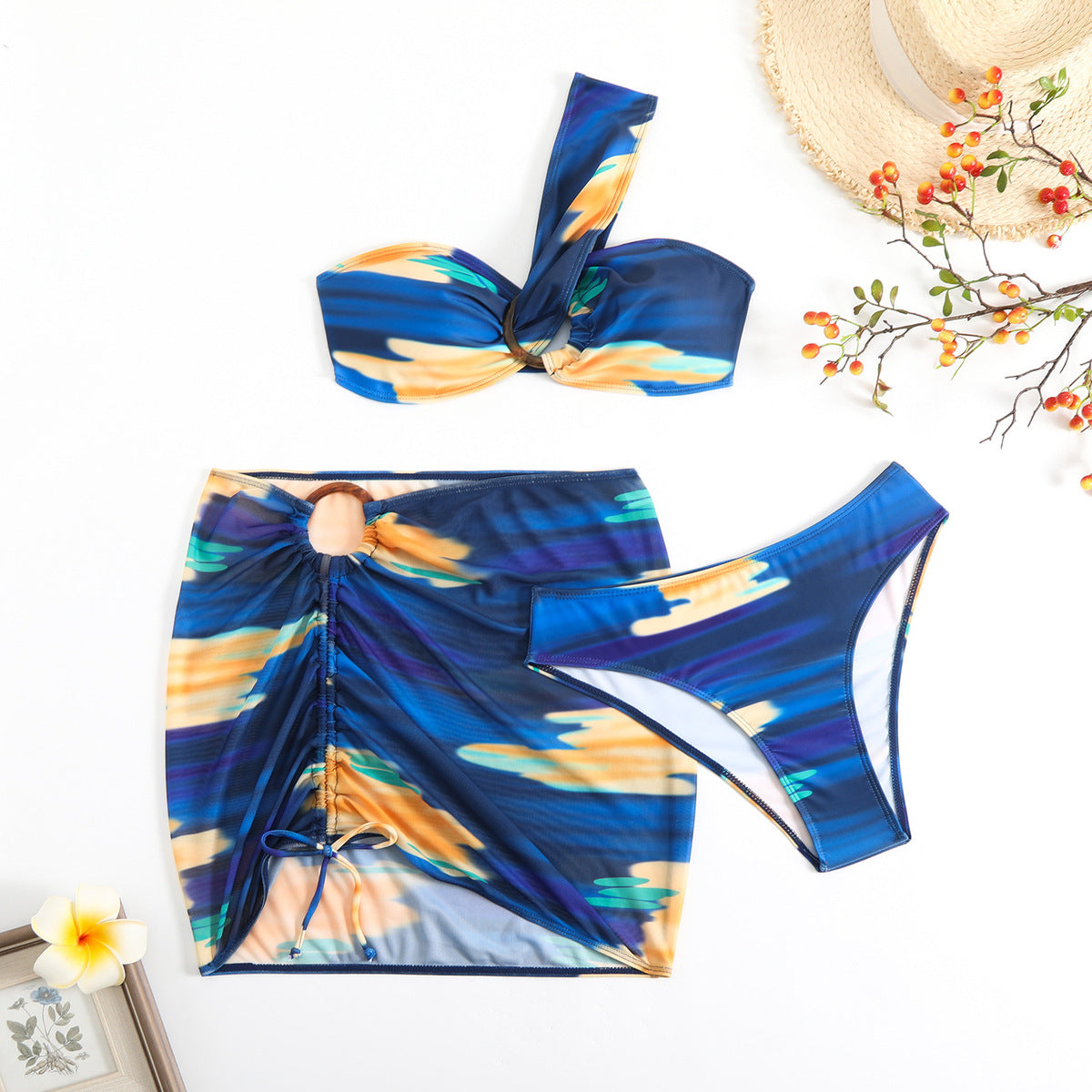 Traje de baño sexy de tres piezas con estampado tie-dye para mujer