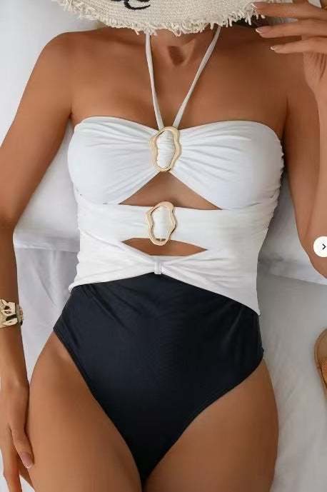 Women Fashion Sexy Contrast Color Halter-Neck Swimsuit