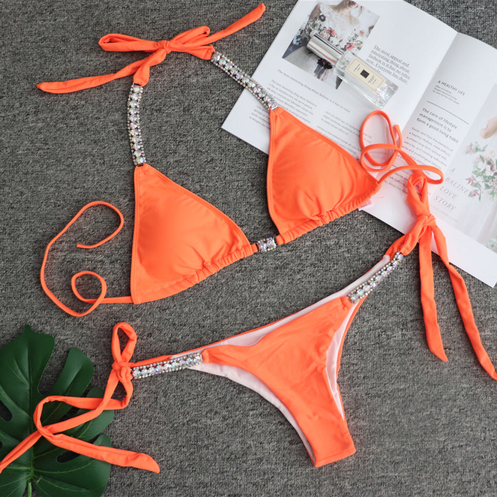 Bikini dos nu sexy à strass de couleur unie pour femmes