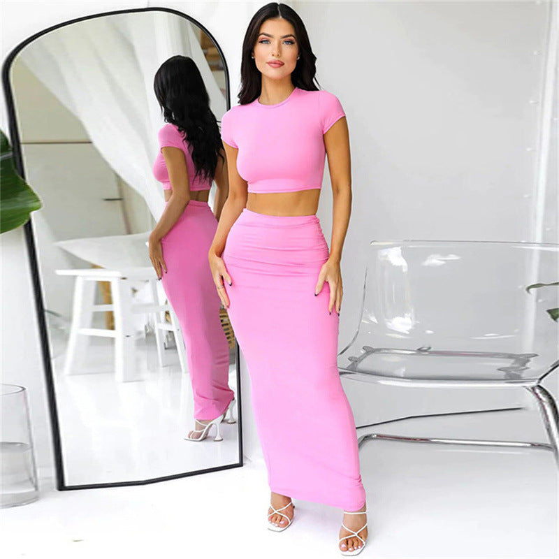 Women Fashion Solid Color Short Sleeve Top And Skirt Set