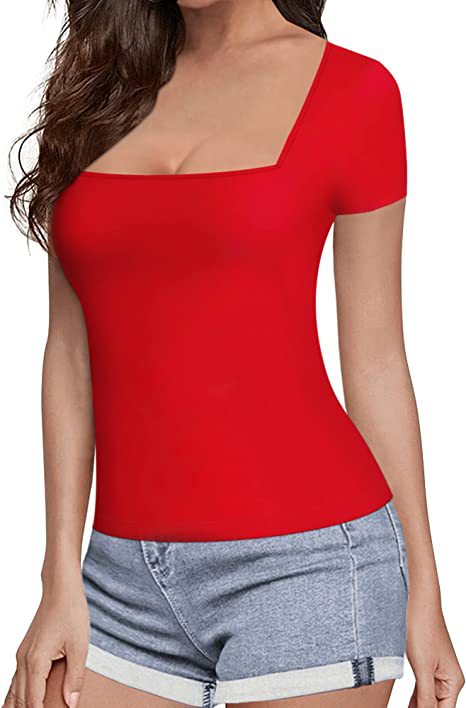 T-shirt sexy à décolleté carré et col rond pour femme