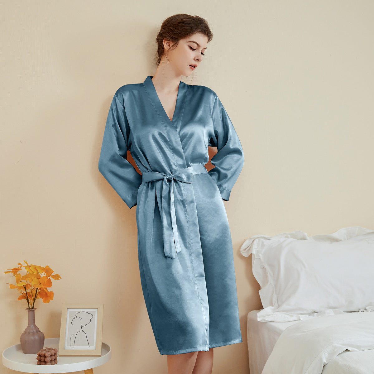 Women Fashion Satin Long Sleeve Lace-Up Pajamas Casual Loose Style