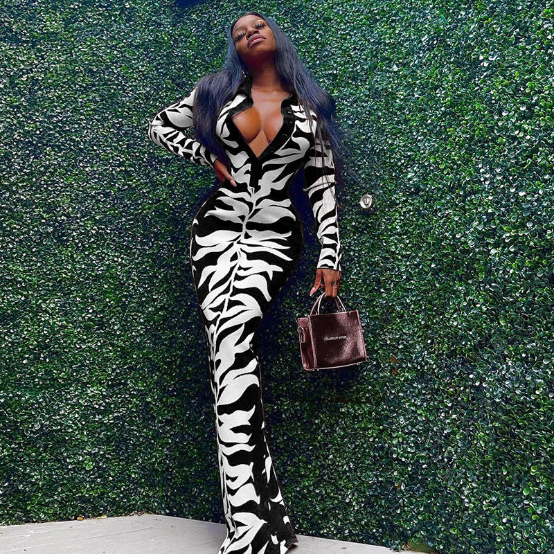 Women Fashion Sexy Printed Lapel-Breasted Dress