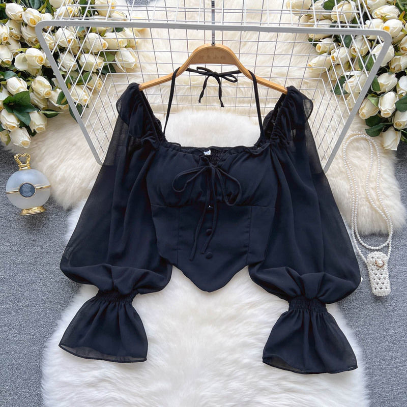Blusa de gasa ajustada de manga larga con hombros descubiertos para mujer