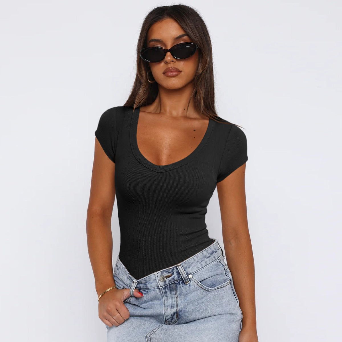 Camiseta de manga corta con hilo simple para mujer
