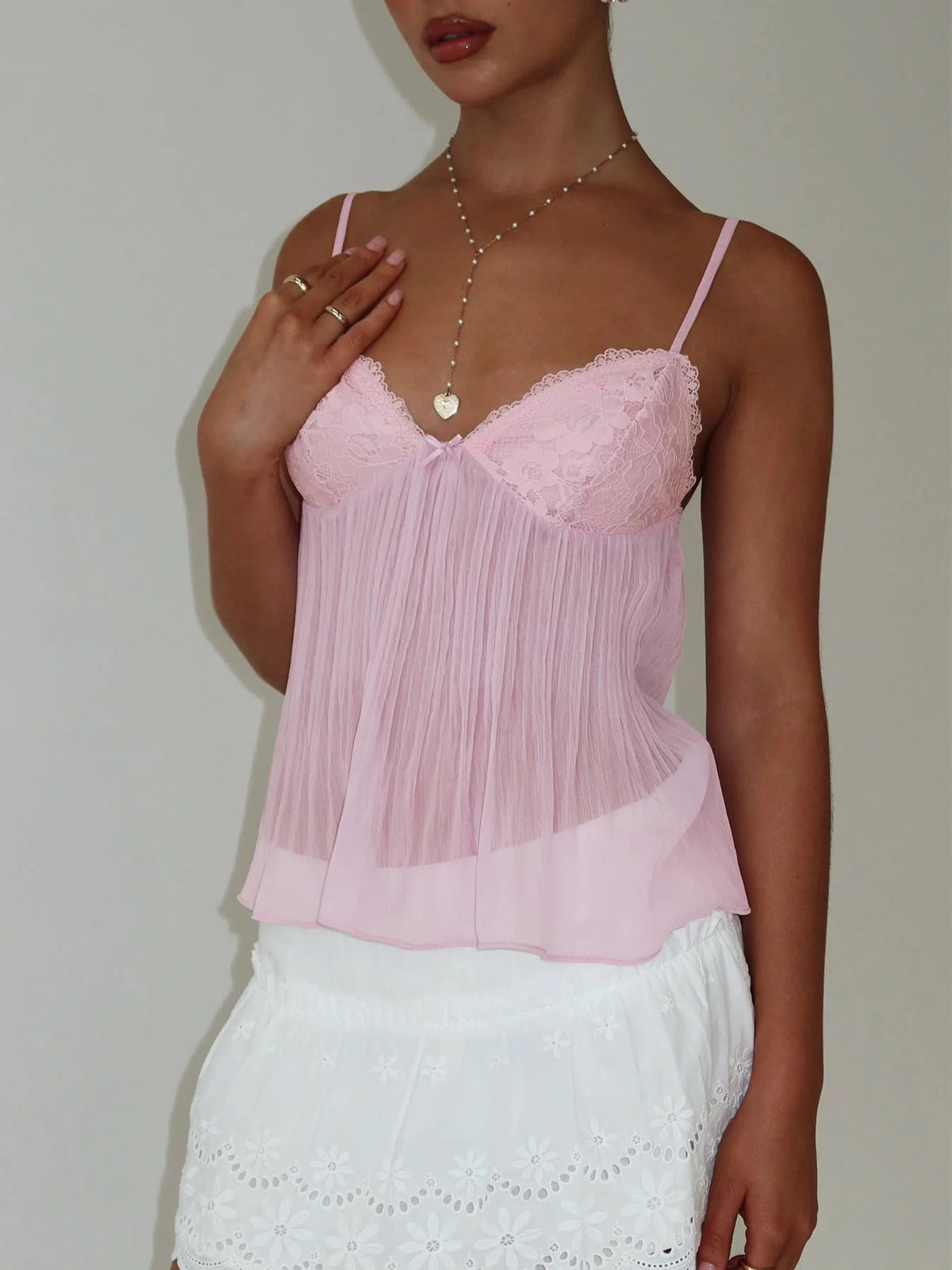 Women Fashion Sexy Solid Color Lace Perspective Backless Camisole