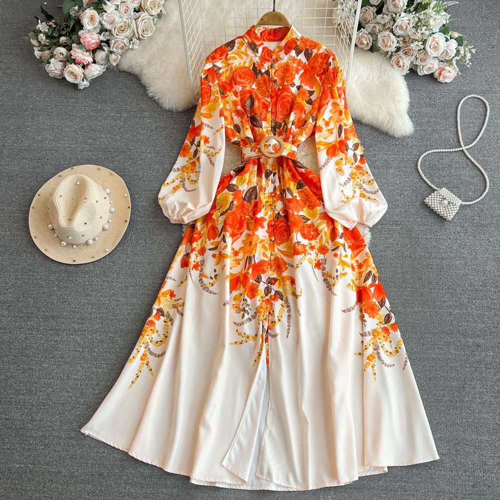 Elegante vestido midi de manga larga con estampado floral