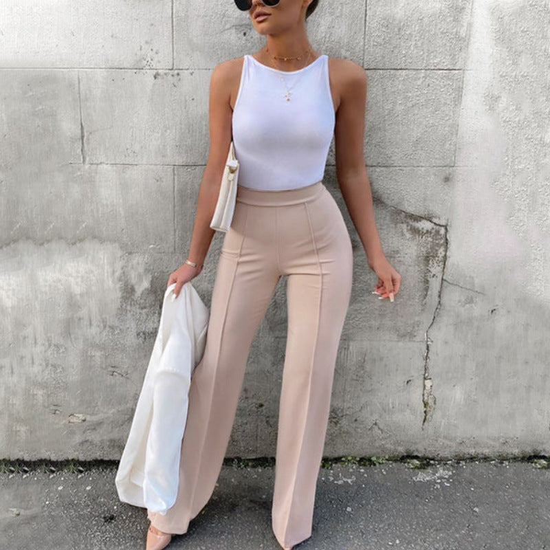 Pantalon large décontracté de couleur unie pour femme