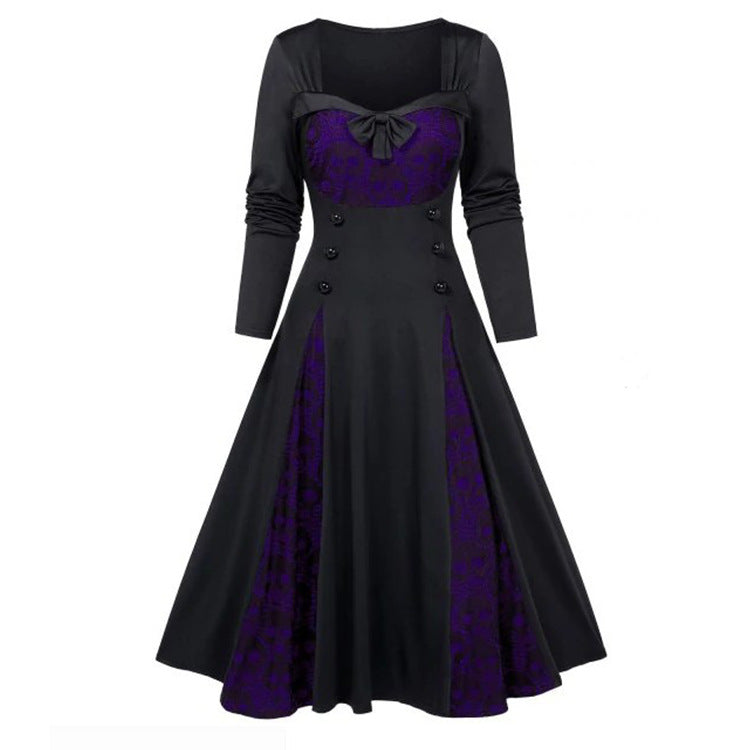 Women Gothic Skull Lace Stitching Color Contrast Dress