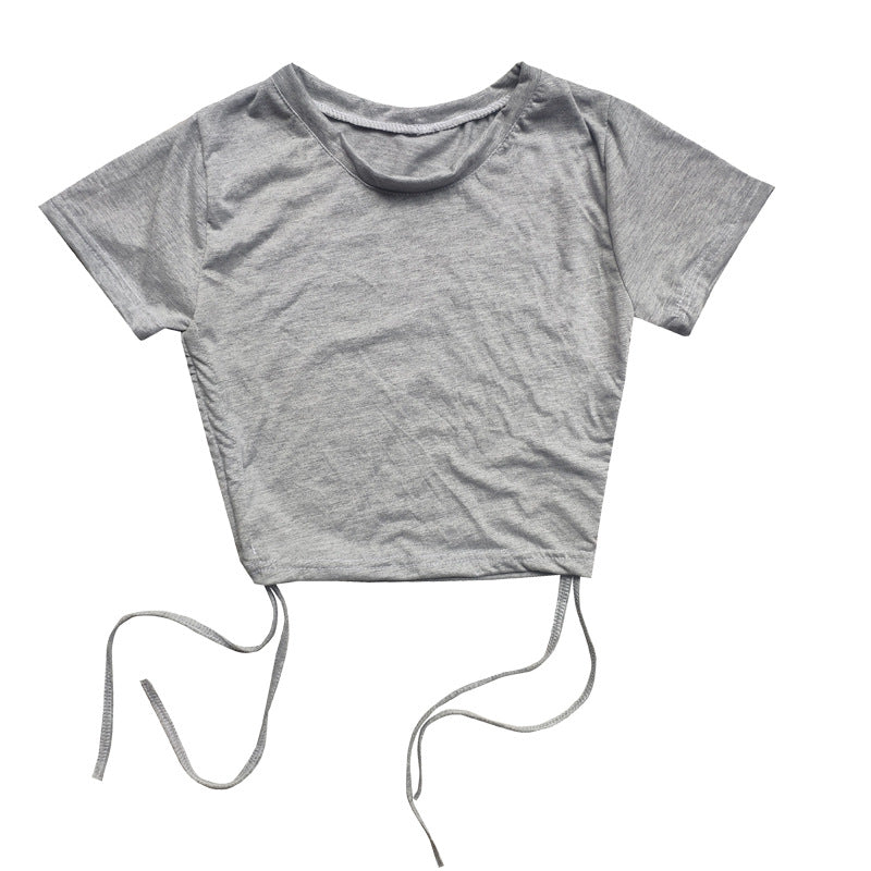 Top corto de manga corta con cordón ajustable, sexy, de color liso, a la moda para mujer