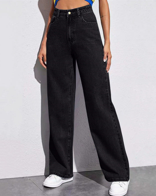 Women Fashion Casual Solid Color High Waist Jeans