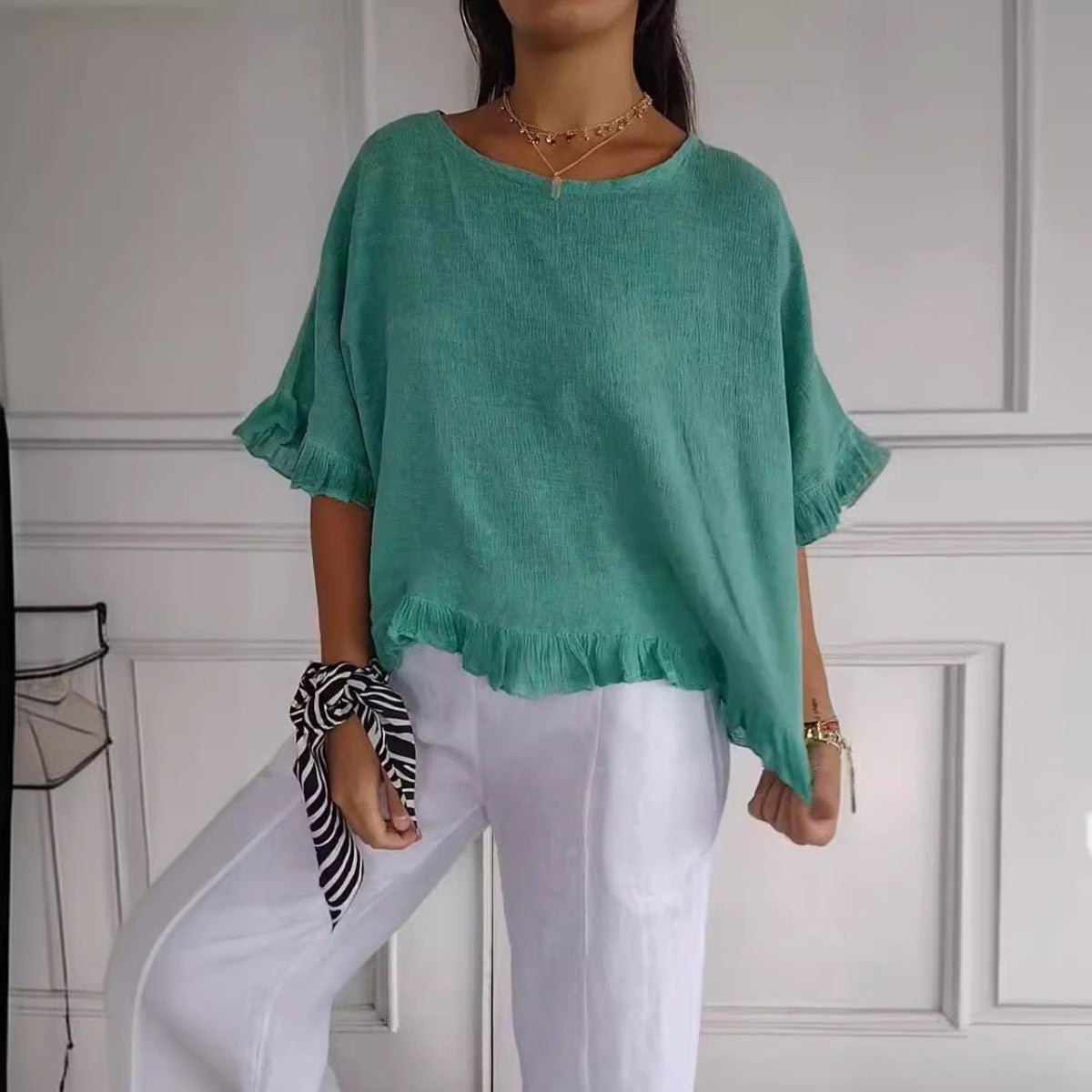 Camisa informal de lino y algodón de color liso para mujer