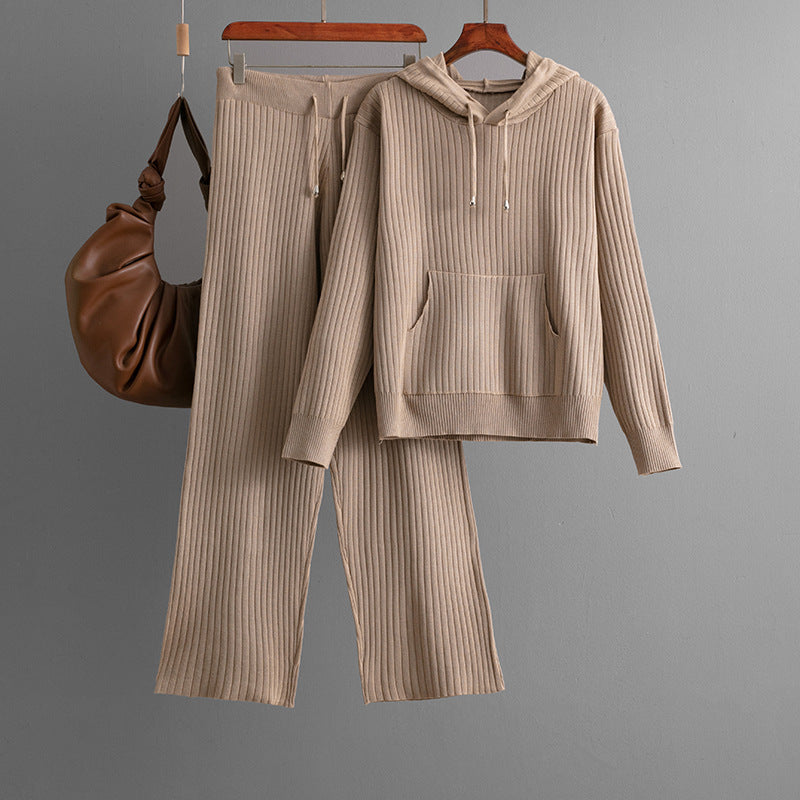 Ensemble sweat à capuche et pantalon en coton tricoté pour femme