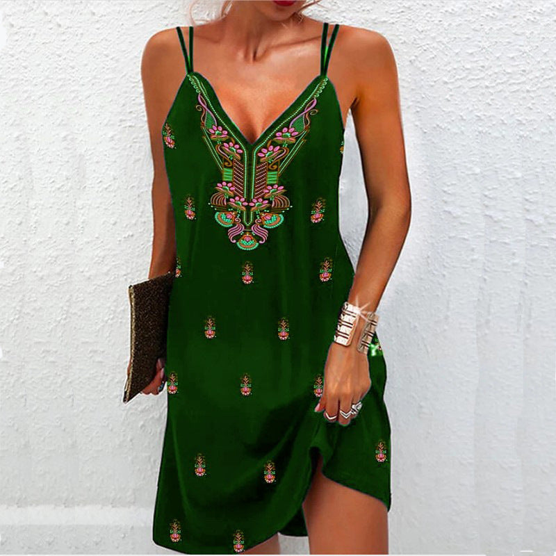 Women Casual Vintage Sleeveless Floral Printed Summer Bohemian V- Neck Dress