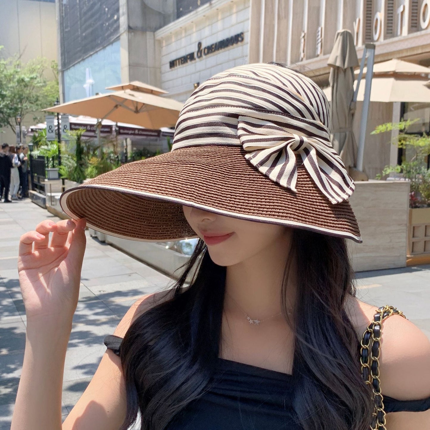 Sombrero de paja tejido con lazo a rayas para mujer, moda de verano