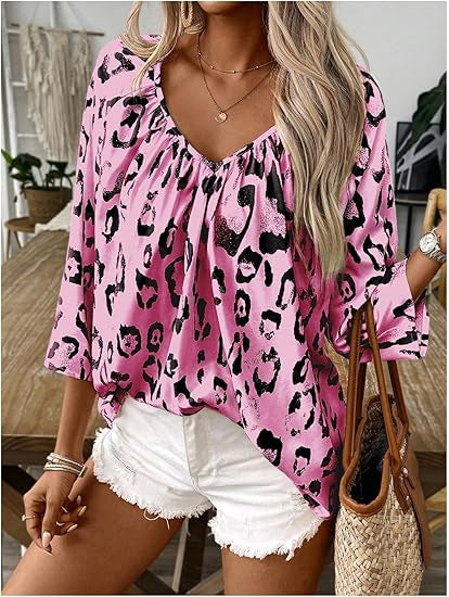 Blusa informal plisada con cuello en V y estampado de leopardo para mujer