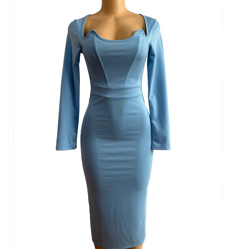 Robe moulante à manches longues et coupe ajustée pour femme