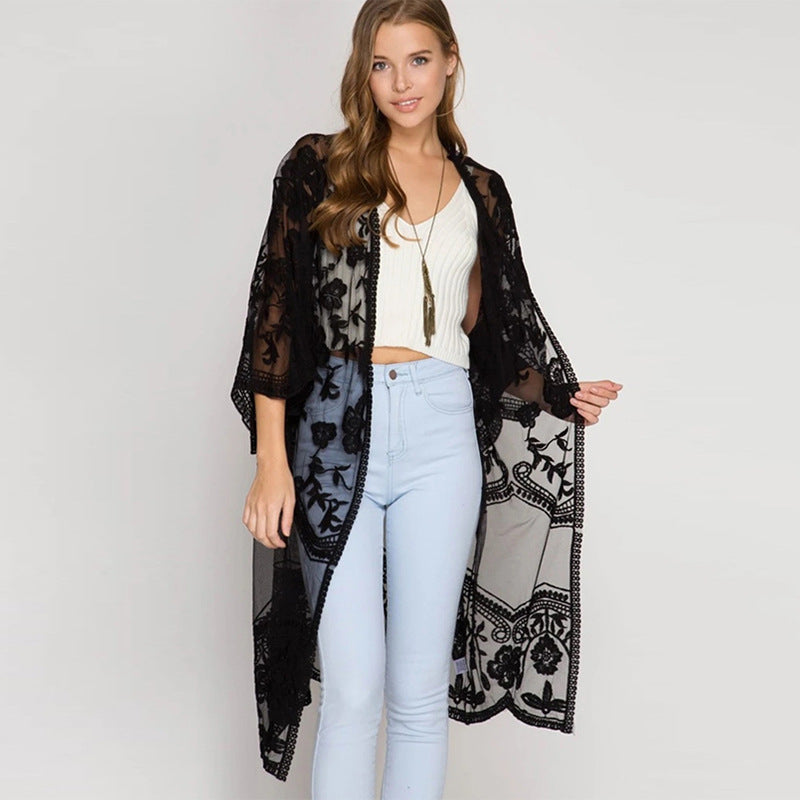 Women Casual Vacation Lace Mesh Long-Sleeve Cover-Up