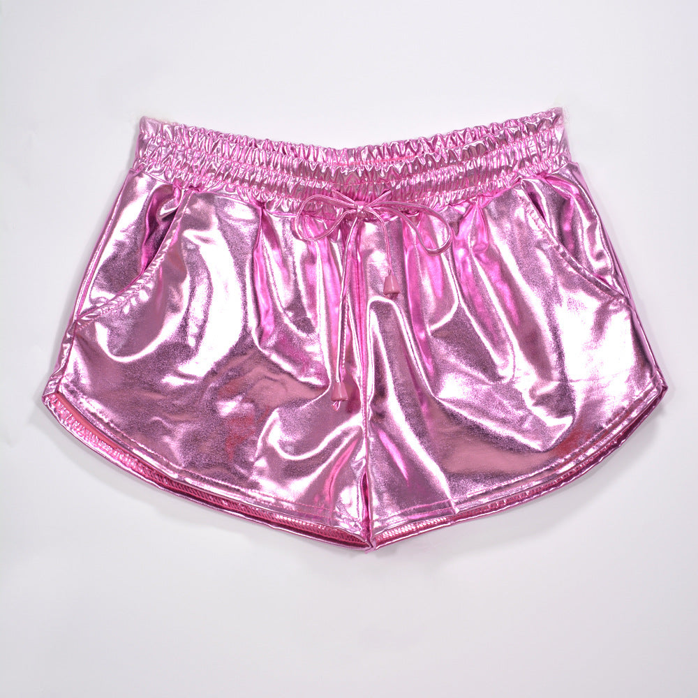 Pantalones cortos sexis de cuero sintético con cordones de color liso para mujer