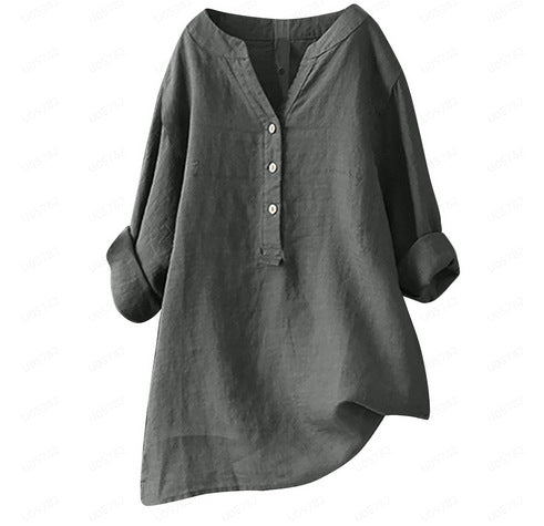 Blusas casuales holgadas de lino y algodón de color liso para mujer