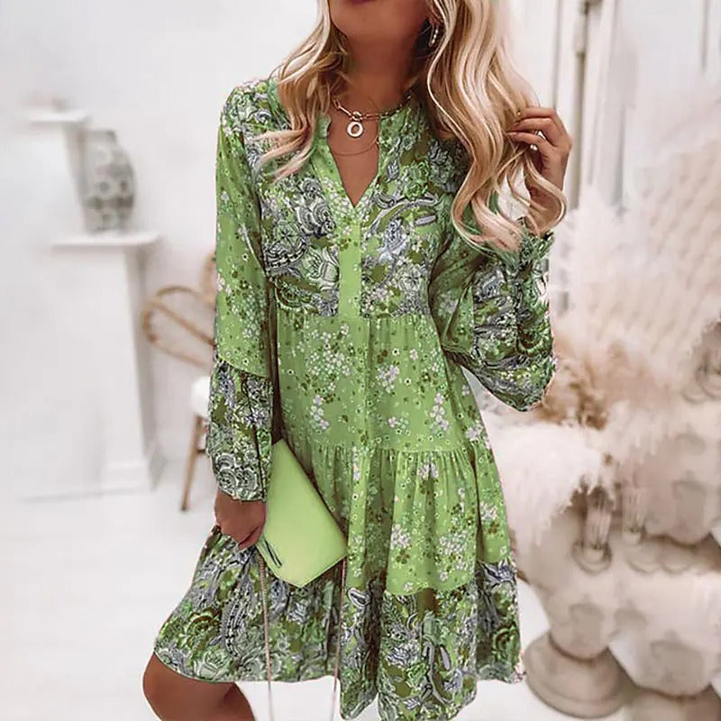 Bohemian Women Elegant Vintage V Neck Ruffled Long Flare Sleeves Mini Dress