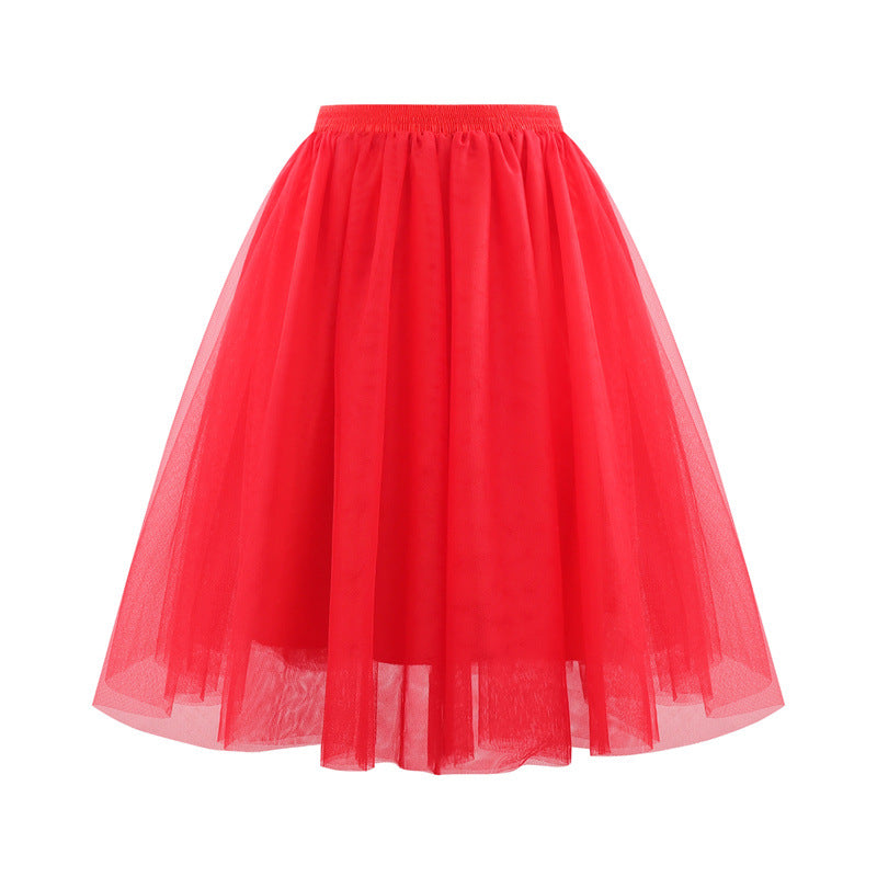 Women Fashion Elegant Solid Color High Waist Pleated Mesh Skirt