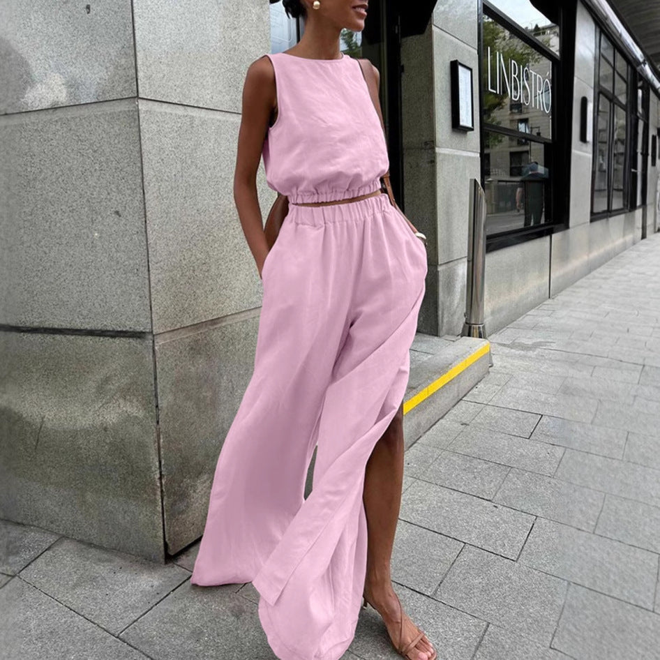 Women Sleeveless Casual Cotton Linen Two-Piece Set with Side Slits