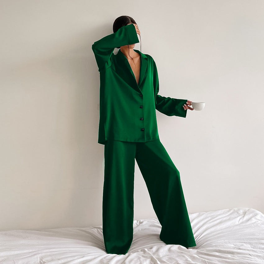 Women's Long-Sleeved Solid Satin Two-Piece Pajamas