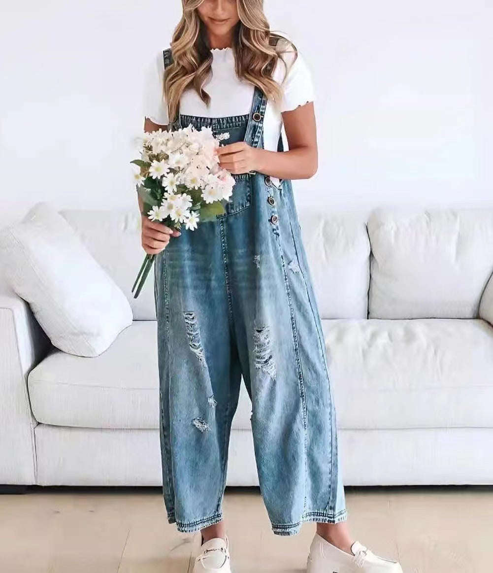 Women Retro Casual Ripped Wide Leg Denim Jumpsuits