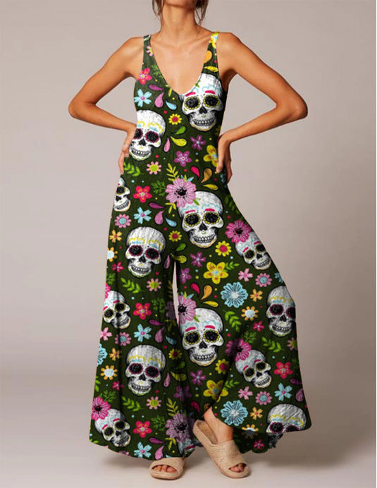 Combinaison vintage décontractée à imprimé tête de mort pour femme, style Halloween