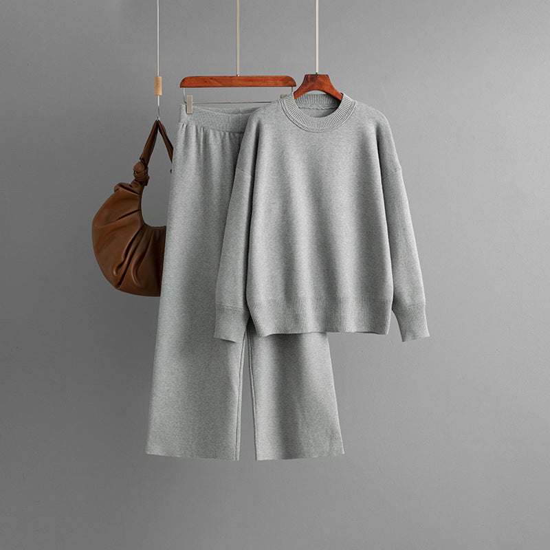Women Casual Solid Color Knitted Sweater and Pants Set