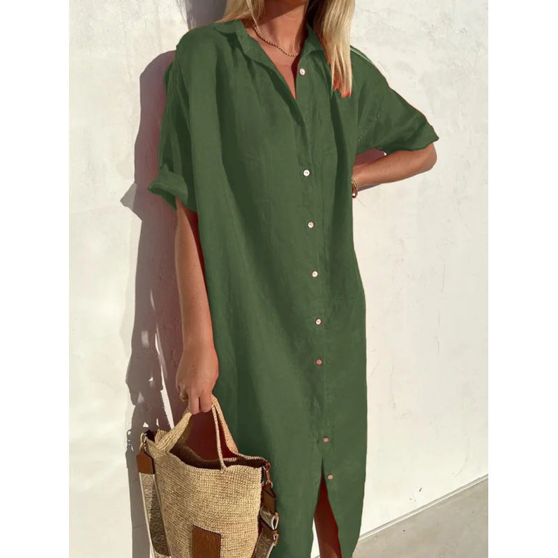 Robe décontractée en coton et lin à manches courtes pour femme avec poche et revers