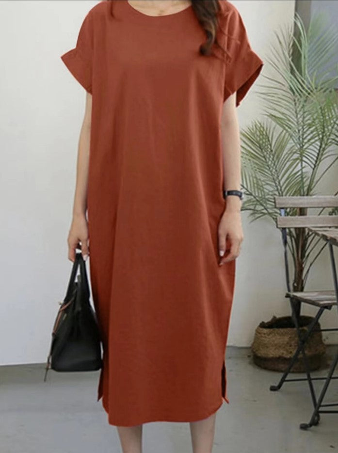 Robe ample décontractée en coton et lin de couleur unie pour femme