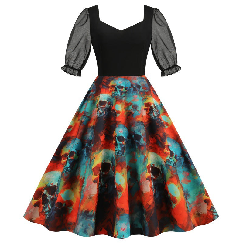 Halloween Party Mesh Sleeve Vintage Printed Dress