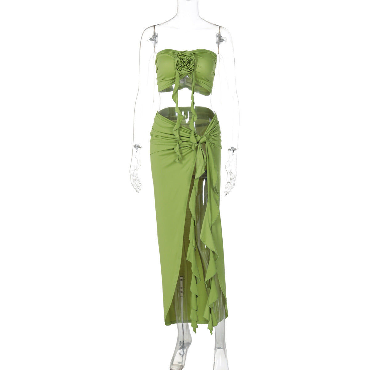 Ensemble haut tube plissé et jupe fendue à lacets pour femme, couleur unie