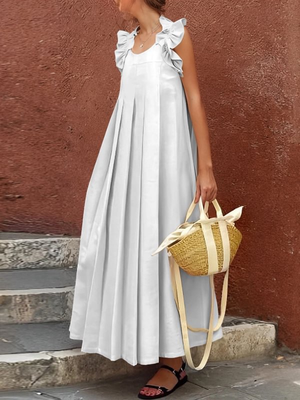 Women Casual Solid Color Sleeveless Dress with V-Neck