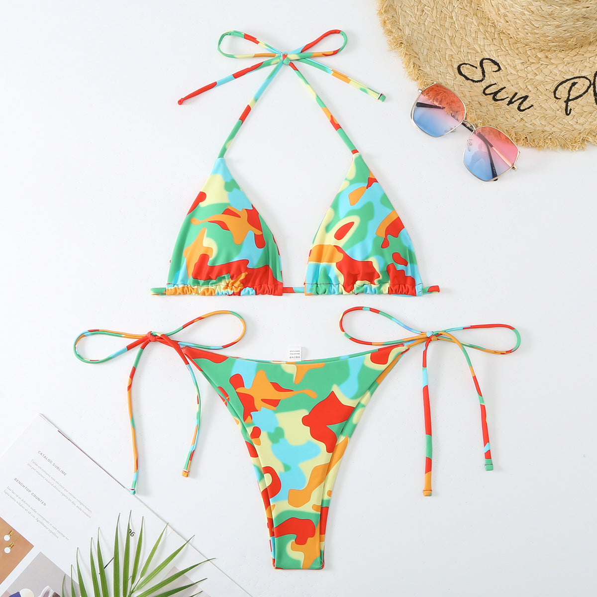 Bikini sexy con cordones en contraste para mujer
