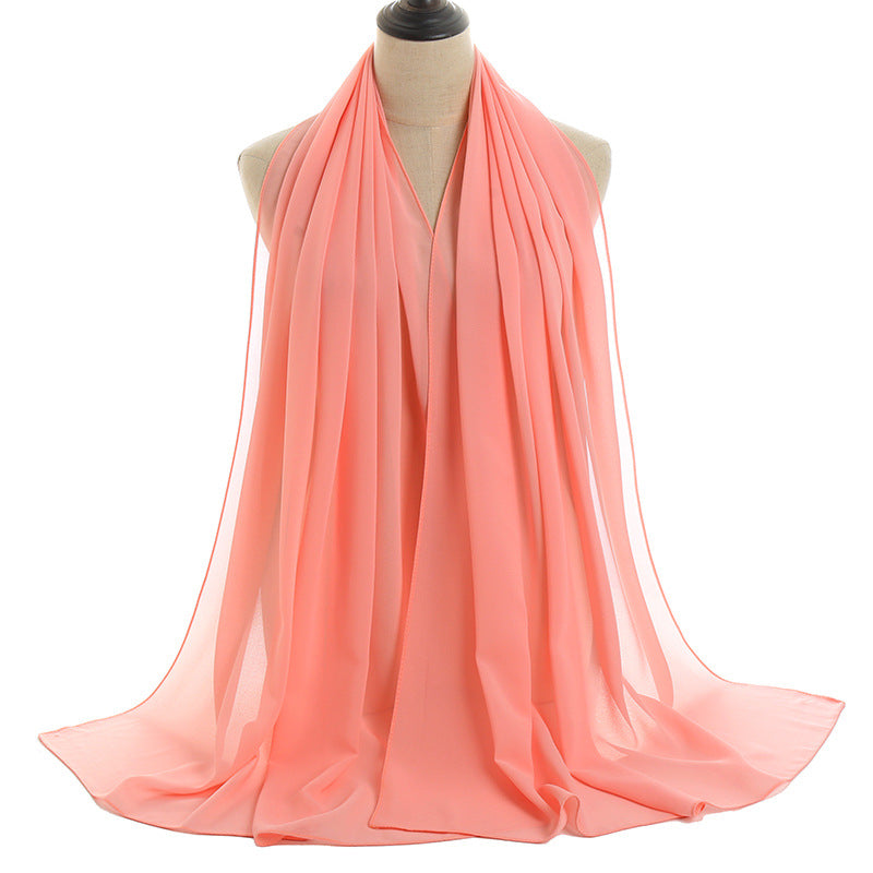 Summer Solid Color Women Pearl Chiffon Bubble Scarf