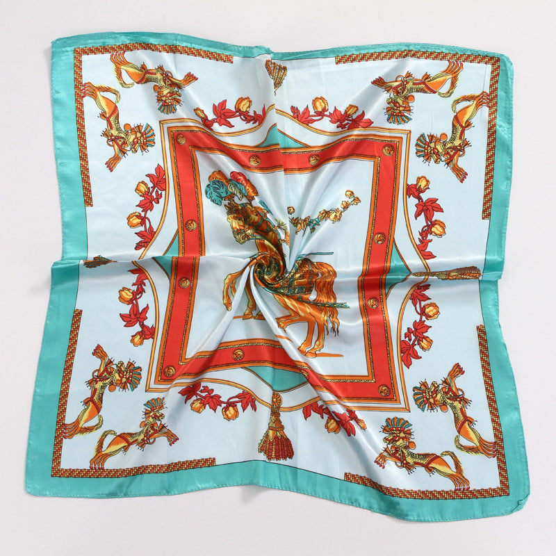 Grand foulard carré en satin imprimé mode femme, joli motif floral