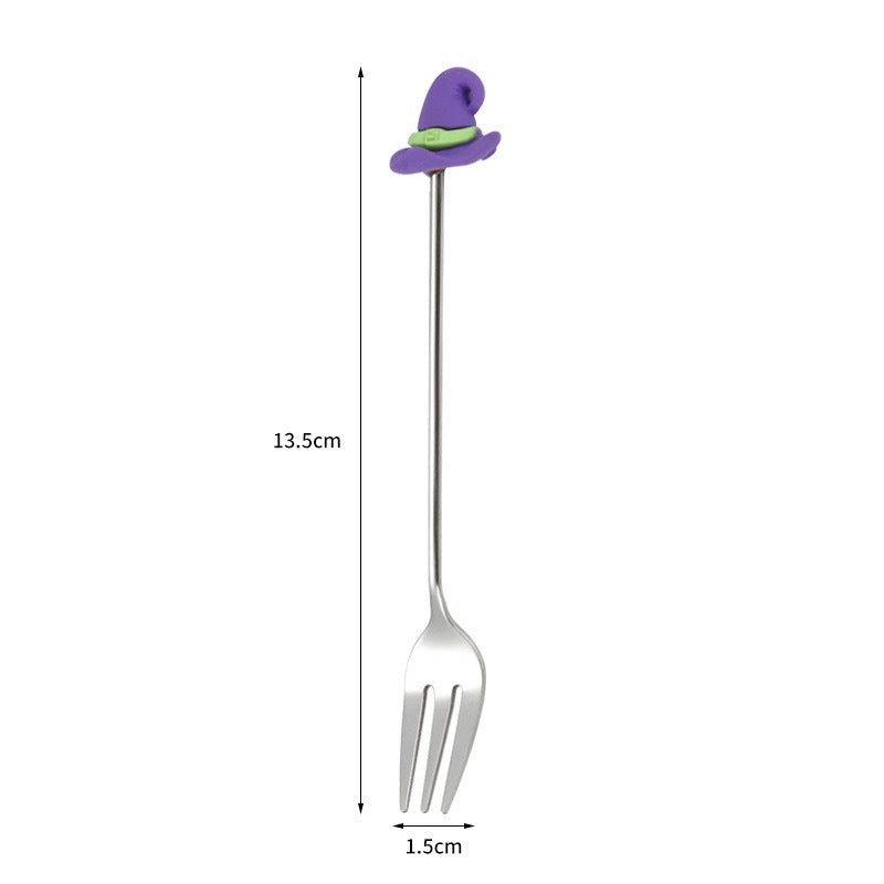 Tenedor y cuchara de acero inoxidable para postres y frutas con dibujos animados de Halloween.