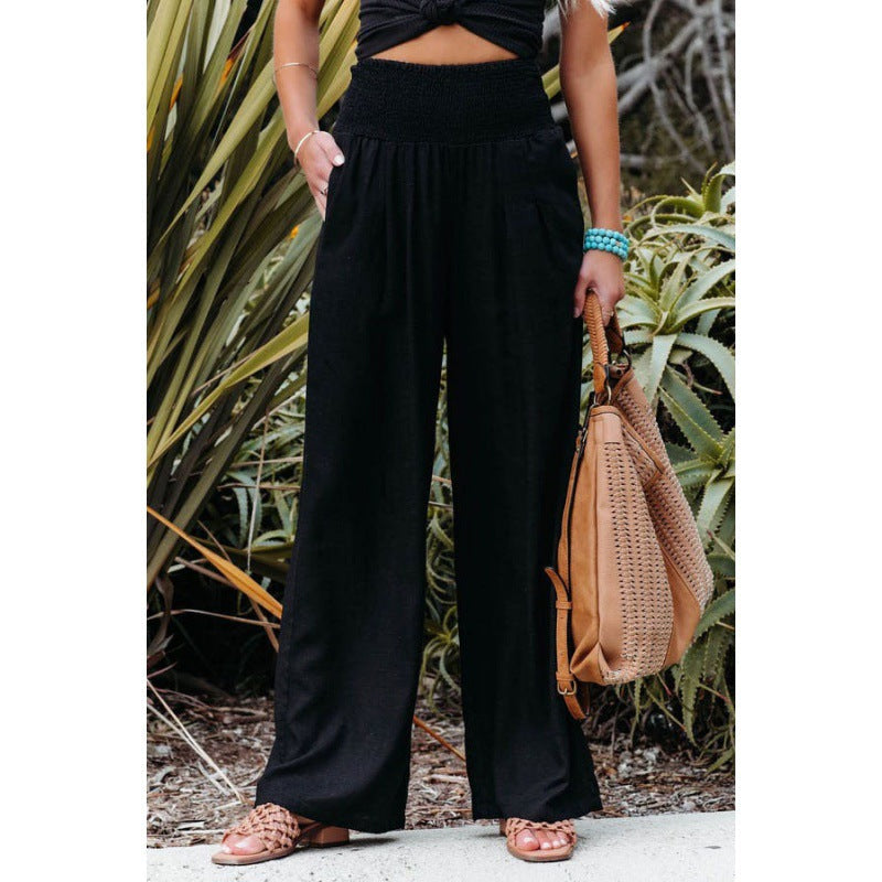 Women Fashion Casual Solid Color Cotton Linen Wide Leg Pants