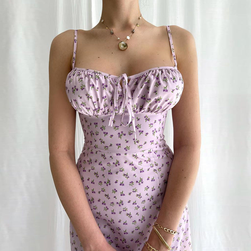 Women Fashion Vacation Flower Printed Split Camisole Dress