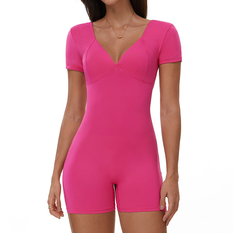 Women Solid Color V-Neck Short-Sleeve Backless Yoga Romper