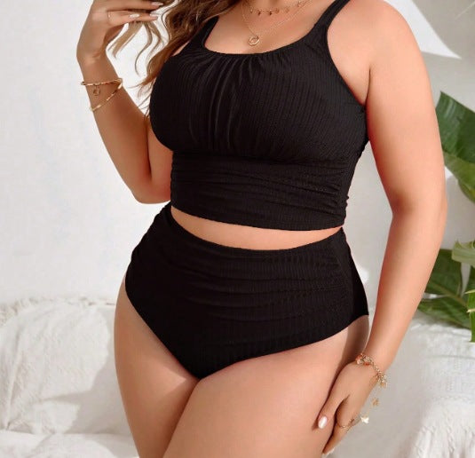 Traje de baño de cintura alta sexy de color sólido de talla grande para mujer