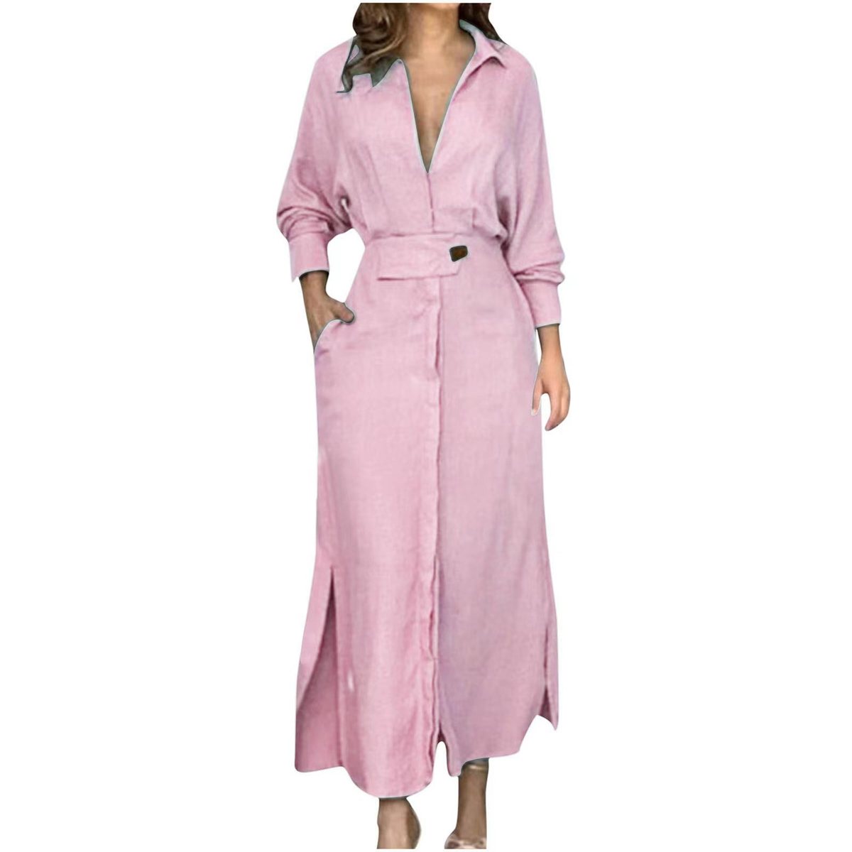 Women Fashion Elegant Solid Color Dress with Shirt Collar