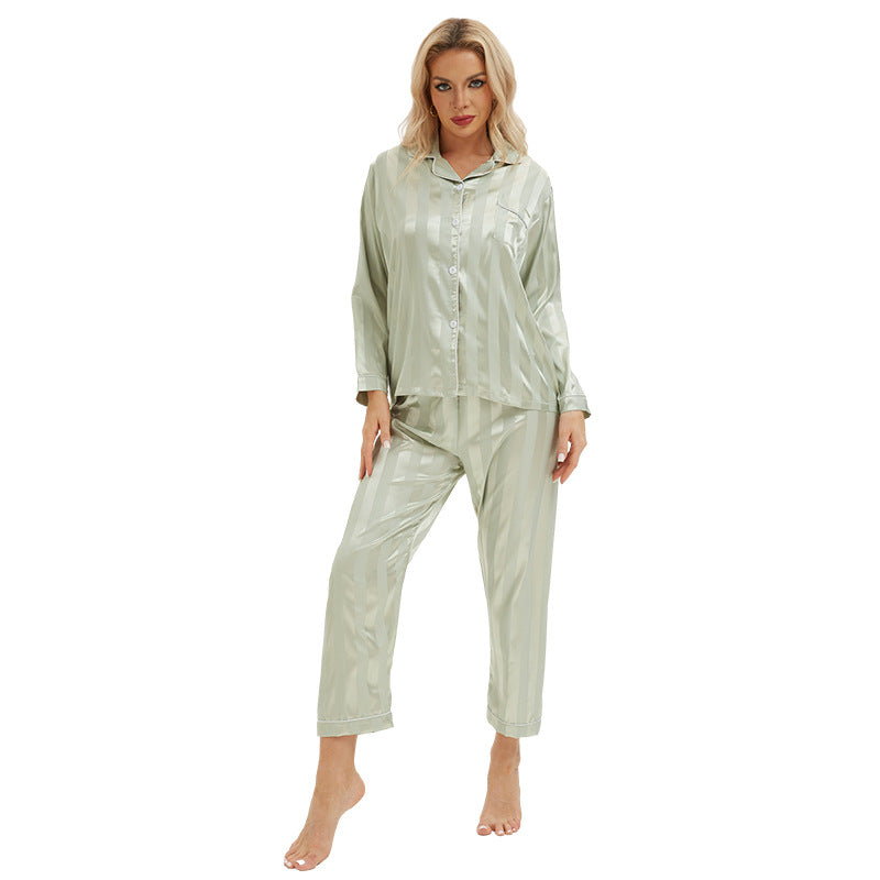 Women Home Simple Casual Imitation Silk Thick Striped Pajamas Set