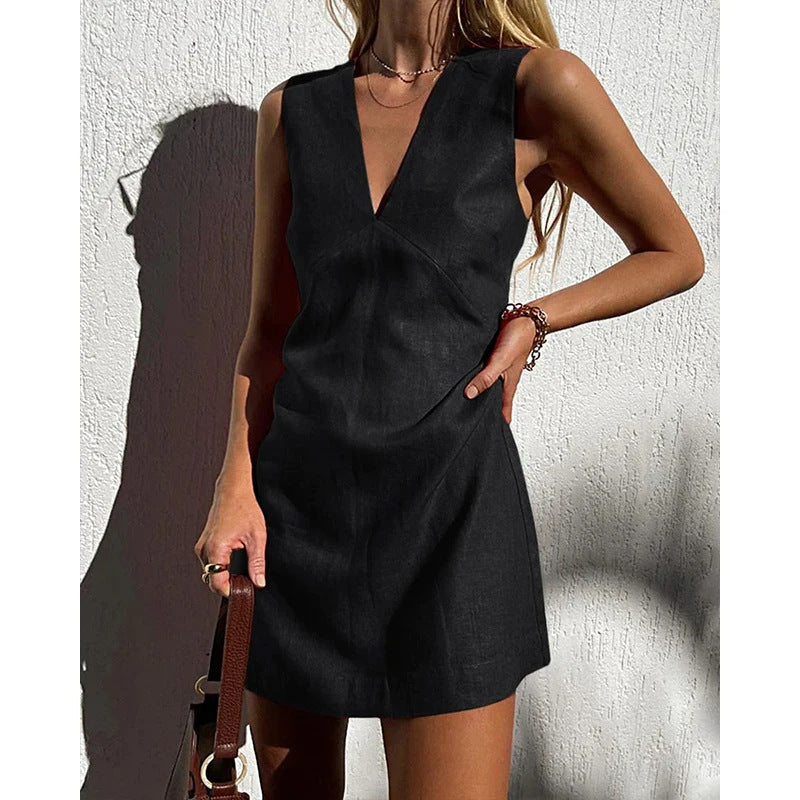 Summer Women Casual Solid Color V-Neck Dress